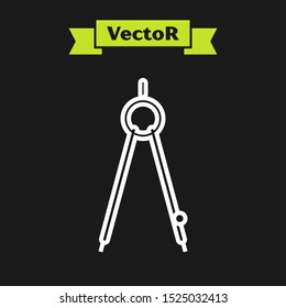 White line Drawing compass icon isolated on black background. Compasses sign. Drawing and educational tools. Geometric instrument.  Vector Illustration