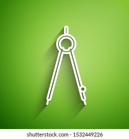 White line Drawing compass icon isolated on green background. Compasses sign. Drawing and educational tools. Geometric instrument.  Vector Illustration