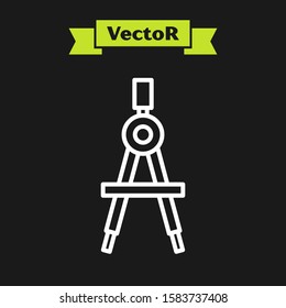 White line Drawing compass icon isolated on black background. Compasses sign. Drawing and educational tools. Geometric instrument.  Vector Illustration