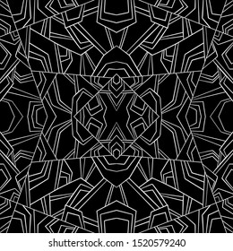 White line drawing doodle on black background. Seamless modern pattern.