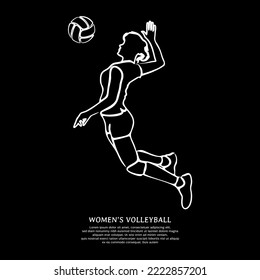 White line drawing of female volleyball player jumping isolated on black background