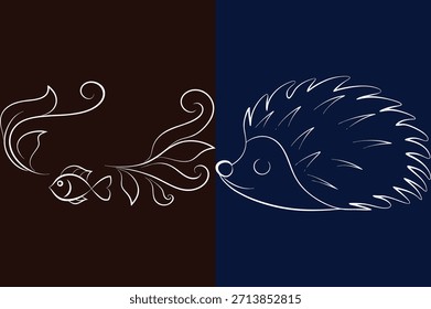 Dibujo de línea blanca de peces y erizos uno frente al otro