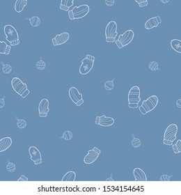 White line drawing gloves and balls on calm blue background. Christmas seamless pattern.