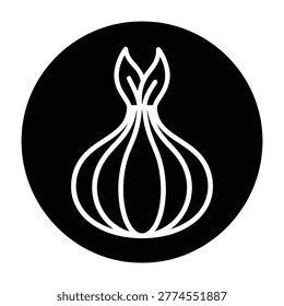 A white line drawing of an onion on a black background, a simple and recognizable symbol or logo.