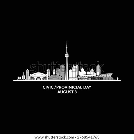A white line drawing of the Toronto skyline on a black background with Civic Provincial Day text