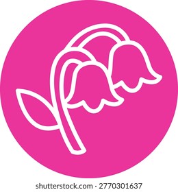 A white line drawing of two bellshaped flowers on a pink circle