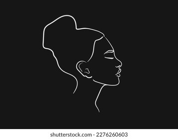 White Line drawing of a woman's face on a black background. Lady face profile outline. Design for cosmetics