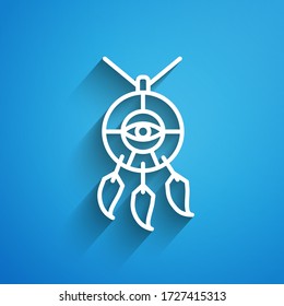 White line Dream catcher with feathers icon isolated on blue background. Long shadow. Vector Illustration