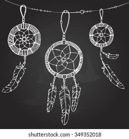 white line dreamcatcher, hand drawn vector boho ethnic illustration, chalk background