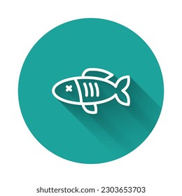 White line Dried fish icon isolated with long shadow background. Green circle button. Vector