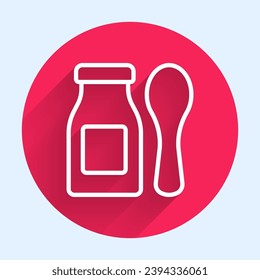White line Drinking yogurt in bottle with spoon icon isolated with long shadow background. Baby food. Red circle button. Vector