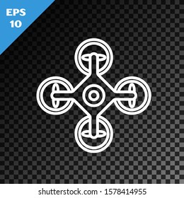 White line Drone flying with action video camera icon isolated on transparent dark background. Quadrocopter with video and photo camera symbol.  Vector Illustration