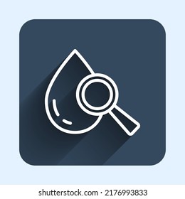 White Line Drop And Magnifying Glass Icon Isolated With Long Shadow Background. Blue Square Button. Vector