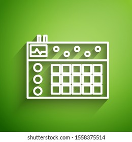 White line Drum machine icon isolated on green background. Musical equipment.  Vector Illustration