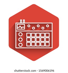 White line Drum machine icon isolated with long shadow. Musical equipment. Red hexagon button. Vector Illustration