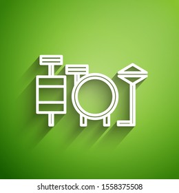 White line Drums icon isolated on green background. Music sign. Musical instrument symbol.  Vector Illustration