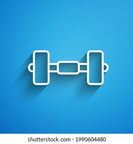 White line Dumbbell icon isolated on blue background. Muscle lifting icon, fitness barbell, gym, sports equipment, exercise bumbbell. Long shadow. Vector