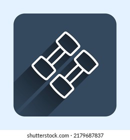 White line Dumbbell icon isolated with long shadow background. Muscle lifting, fitness barbell, sports equipment. Blue square button. Vector