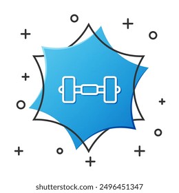 White line Dumbbell icon isolated on white background. Muscle lifting icon, fitness barbell, gym, sports equipment, exercise bumbbell. Blue hexagon button. Vector