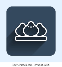 Weiße Linie Dumpling-Symbol einzeln auf langem Hintergrund. Traditionelles chinesisches Gericht. Blauer Quadrat-Knopf. Vektorgrafik
