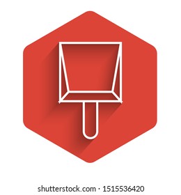 White line Dustpan icon isolated with long shadow. Cleaning scoop services. Red hexagon button. Vector Illustration