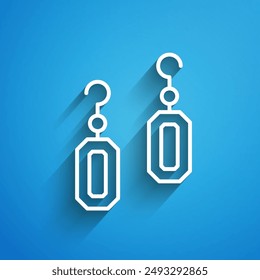 White line Earrings icon isolated on blue background. Jewelry accessories. Long shadow. Vector