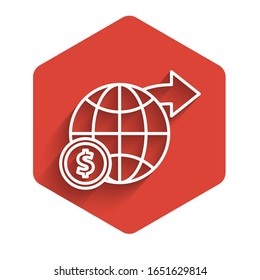Línea blanca Tierra globo con símbolo de dólar aislado con una sombra larga. Signo mundial o terrestre. Símbolo global de internet. Formas geométricas. Botón hexágono rojo.  Ilustración vectorial
