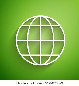 White line Earth globe icon isolated on green background. World or Earth sign. Global internet symbol. Geometric shapes.  Vector Illustration