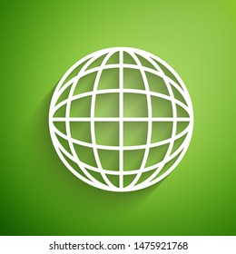 White line Earth globe icon isolated on green background. World or Earth sign. Global internet symbol. Geometric shapes.  Vector Illustration