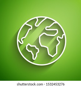 White line Earth globe icon isolated on green background. World or Earth sign. Global internet symbol. Geometric shapes.  Vector Illustration