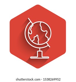 White line Earth globe icon isolated with long shadow. Red hexagon button. Vector Illustration