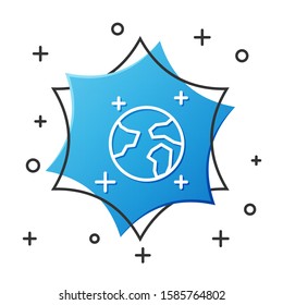 White line Earth globe icon isolated on white background. World or Earth sign. Global internet symbol. Geometric shapes. Blue hexagon button. Vector Illustration