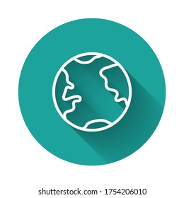 White line Earth globe icon isolated with long shadow. World or Earth sign. Global internet symbol. Geometric shapes. Green circle button. Vector Illustration