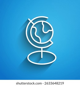 White line Earth globe icon isolated on blue background. Long shadow. Vector