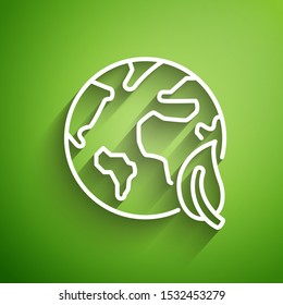 White line Earth globe and leaf icon isolated on green background. World or Earth sign. Geometric shapes. Environmental concept.  Vector Illustration