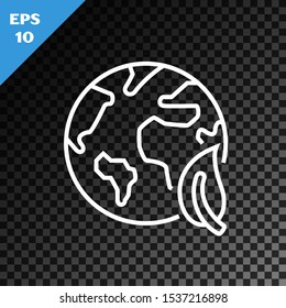 White line Earth globe and leaf icon isolated on transparent dark background. World or Earth sign. Geometric shapes. Environmental concept.  Vector Illustration