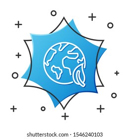 White line Earth globe and leaf icon isolated on white background. World or Earth sign. Geometric shapes. Environmental concept. Blue hexagon button. Vector Illustration