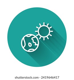 White line Earth globe and sun icon isolated with long shadow. World or Earth sign. Global internet symbol. Geometric shapes. Green circle button. Vector Illustration
