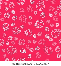 White line Earth with shield icon isolated seamless pattern on red background. Insurance concept. Security, safety, protection, privacy concept.  Vector