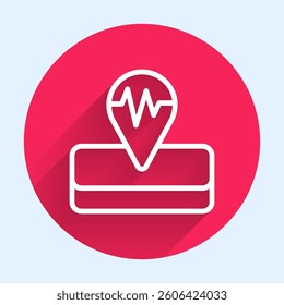 White line Earthquake icon isolated with long shadow background. Red circle button. Vector