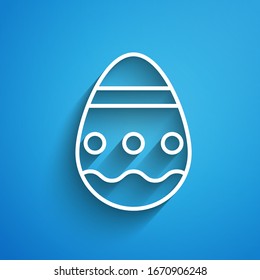 White line Easter egg icon isolated on blue background. Happy Easter. Long shadow. Vector Illustration