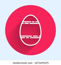 White line Easter egg icon isolated with long shadow. Happy Easter. Red circle button. Vector Illustration