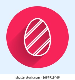 White line Easter egg icon isolated with long shadow. Happy Easter. Red circle button. Vector Illustration