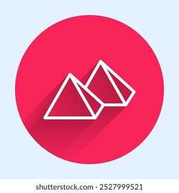 White line Egypt pyramids icon isolated with long shadow. Symbol of ancient Egypt. Red circle button. Vector