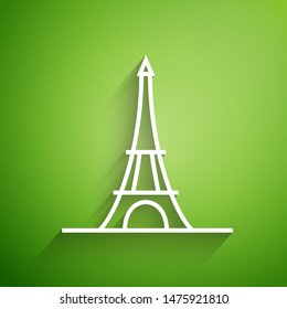 White line Eiffel tower icon isolated on green background. France Paris landmark symbol.  Vector Illustration