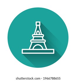 White line Eiffel tower icon isolated with long shadow. France Paris landmark symbol. Green circle button. Vector