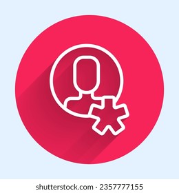 White line Elected employee icon isolated with long shadow background. Head hunting. Business target or Employment. Human resource and recruitment for business. Red circle button. Vector