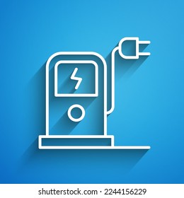 White line Electric car charging station icon isolated on blue background. Eco electric fuel pump sign. Long shadow. Vector
