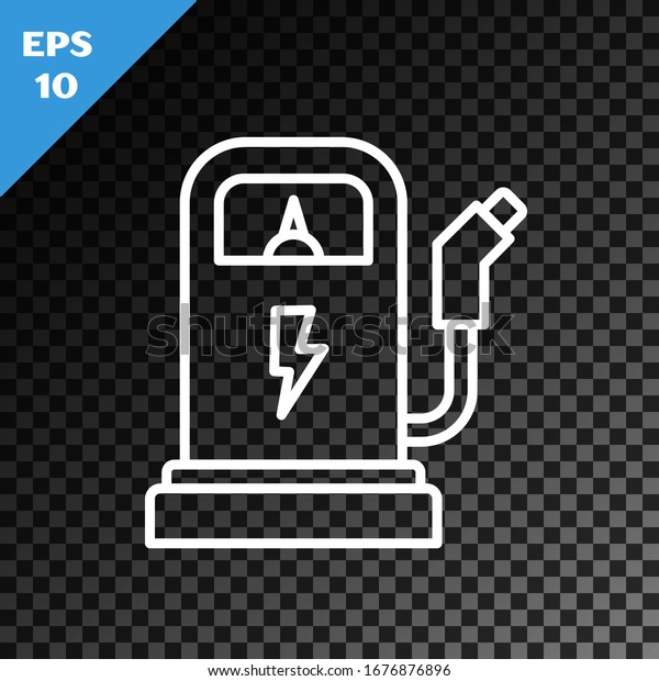 White line Electric car charging station
icon isolated on transparent dark background. Eco electric fuel
pump sign.  Vector
Illustration
