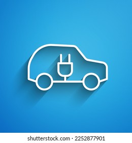White line Electric car and electrical cable plug charging icon isolated on blue background. Renewable eco technologies. Long shadow. Vector